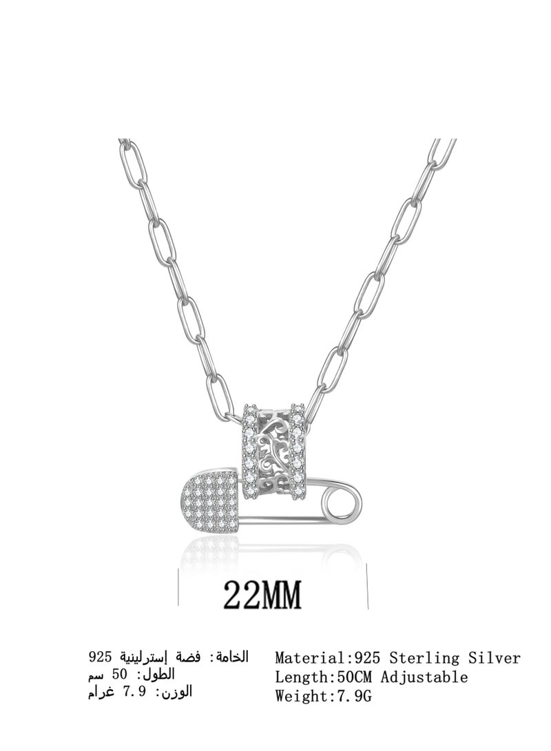 Moonmory 925 Sterling Silver Safety Pin Pendant Necklace For Women White Zircon, Original Design Vine Flower Pendant Necklace With 50 CM Adjustable Paper Cilp Chain Ramadan, Mother's Day, Valentine's Day Gifts - Image 2