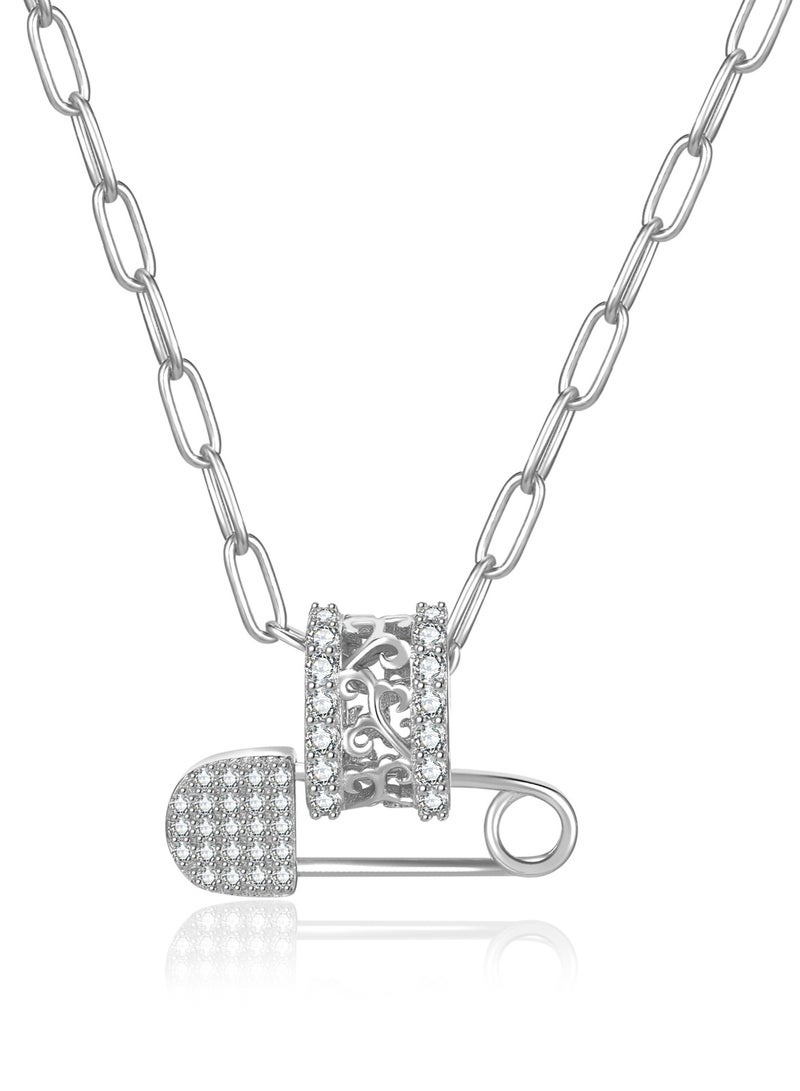 Moonmory 925 Sterling Silver Safety Pin Pendant Necklace For Women White Zircon, Original Design Vine Flower Pendant Necklace With 50 CM Adjustable Paper Cilp Chain Ramadan, Mother's Day, Valentine's Day Gifts - Image 1
