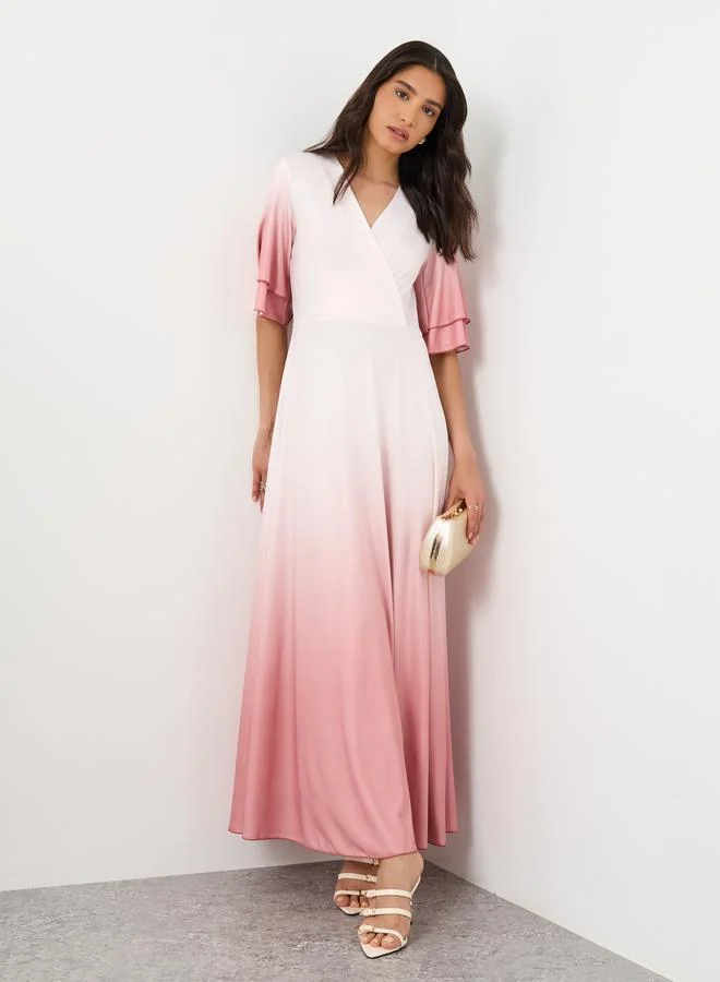 Take Two Take Two Ombre Print V-Neck Short Sleeve Maxi Dress