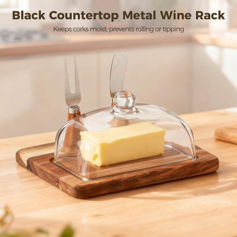 Butter Keeper, Acacia Wood Butter Dish with Glass Lid, Brown Wooden Butter Storage Container for Countertop, Large Size 7.9 X 6.89 X 4.72 in, Knife and Fork Included - Image 5