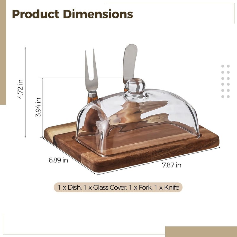 Butter Keeper, Acacia Wood Butter Dish with Glass Lid, Brown Wooden Butter Storage Container for Countertop, Large Size 7.9 X 6.89 X 4.72 in, Knife and Fork Included - Image 3