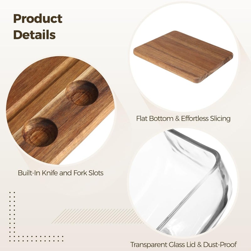 Butter Keeper, Acacia Wood Butter Dish with Glass Lid, Brown Wooden Butter Storage Container for Countertop, Large Size 7.9 X 6.89 X 4.72 in, Knife and Fork Included - Image 4