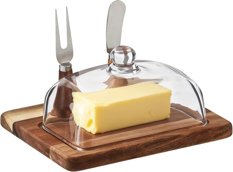 Butter Keeper, Acacia Wood Butter Dish with Glass Lid, Brown Wooden Butter Storage Container for Countertop, Large Size 7.9 X 6.89 X 4.72 in, Knife and Fork Included - Image 1
