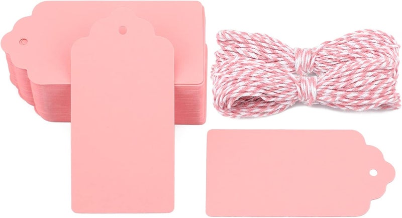 g2plus Pink Paper Gift Tags, 100PCS Kraft Paper Tags with String, 2x4 in Blank Hang Tag, Wedding Favor Tag for Gift Wrapping, Arts & Crafts, Valentine's Day, Thanksgiving, and Holiday Party Favors - Image 1