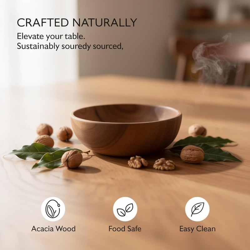 Acacia Wooden Salad Bowl Set, One-Piece Construction, 7.1 In, With Spoon And Fork Serving Utensils For Mixing Salads, Food-Safe, Gift Ready - Image 3