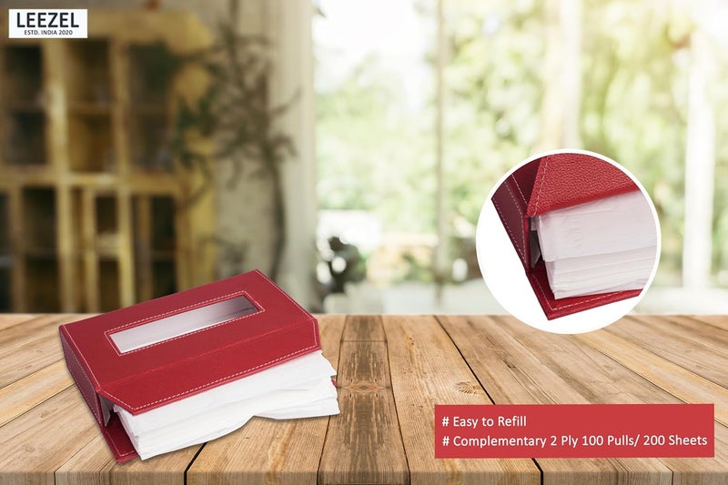 LEEZEL| Tissue Box Holder with 100 Pulls Cotton Rags Tissue | Handcrafted Fine Leather - Like Finish | for Gifting, Office Desks, Cars & Home Décor | Durable & Water Resistant. (Red) - Image 3