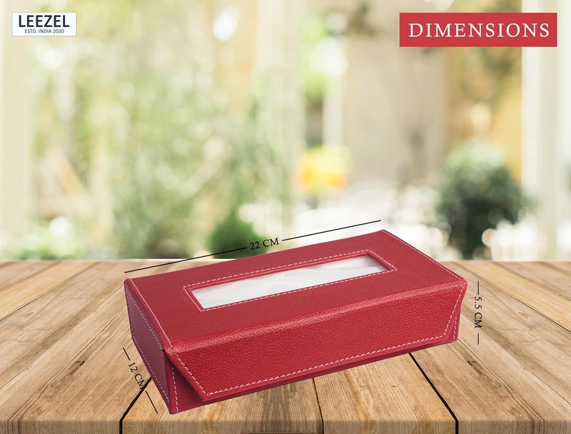 LEEZEL| Tissue Box Holder with 100 Pulls Cotton Rags Tissue | Handcrafted Fine Leather - Like Finish | for Gifting, Office Desks, Cars & Home Décor | Durable & Water Resistant. (Red) - Image 2