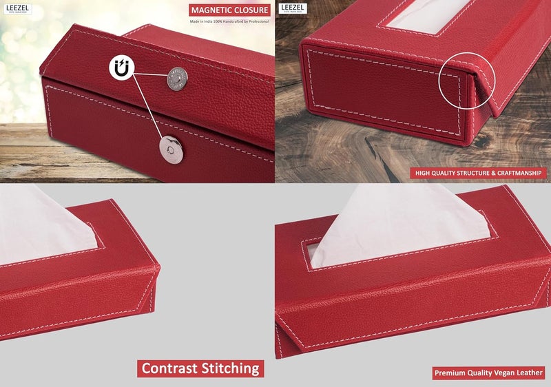 LEEZEL| Tissue Box Holder with 100 Pulls Cotton Rags Tissue | Handcrafted Fine Leather - Like Finish | for Gifting, Office Desks, Cars & Home Décor | Durable & Water Resistant. (Red) - Image 4