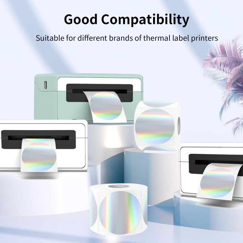 YEGAWEN 3" Holographic Direct Thermal Label Stickers, Round Printable Rainbow Glitter Thermal Printer Sticker Labels for Gift Wrapping, Self-Adhesive DIY Custom Logo Design- Holographic Silver - Image 3