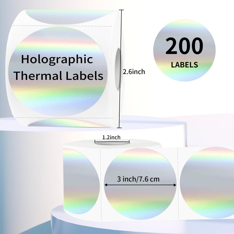 YEGAWEN 3" Holographic Direct Thermal Label Stickers, Round Printable Rainbow Glitter Thermal Printer Sticker Labels for Gift Wrapping, Self-Adhesive DIY Custom Logo Design- Holographic Silver - Image 2