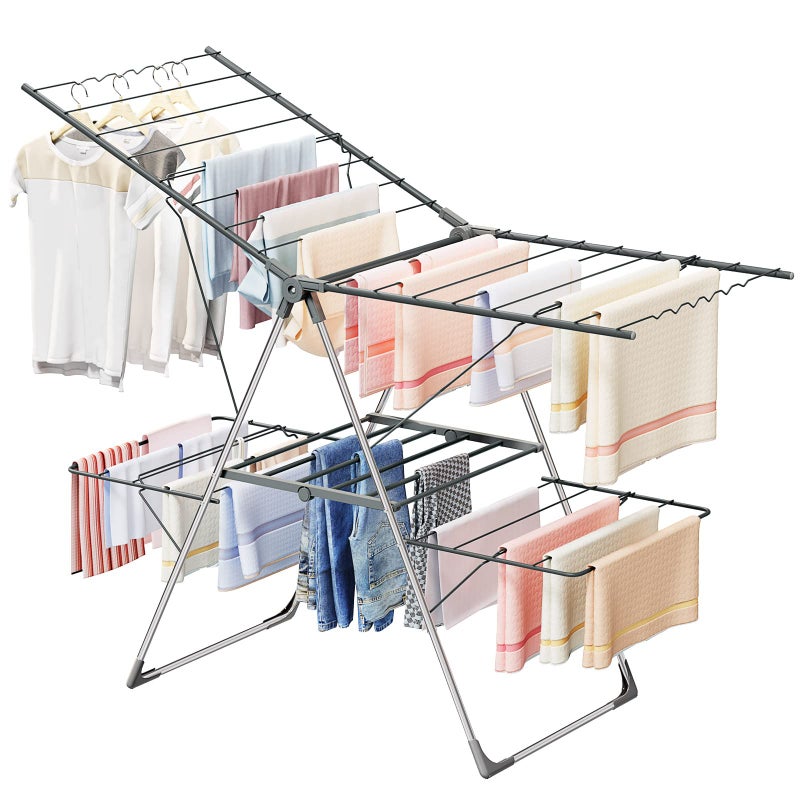 Bigzzia Clothes Drying Rack Foldable 2Level Large Laundry Drying Rack Collapsible Stainless Steel Drying Rack Clothing for Indoor Outdoor Easy to Fold 33 Drying Rails 142cm Gray