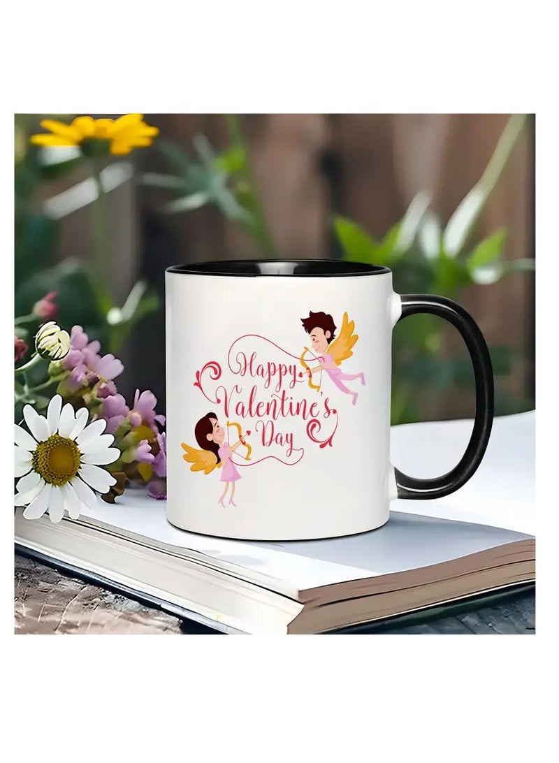 RYN® 1pc Happy Valentine's Day Ceramic Coffee Mug 11oz - Unique Cupid Design , Insulated & Durable, Perfect for Office or Outdoor Use, Limited Edition Gift, Romantic Gift Mug|Valentine's Theme|Durable Ceramic BLACK - Image 1