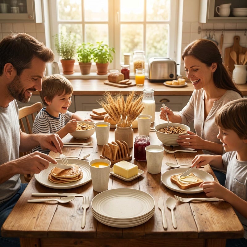 SHECIPIN 42-Piece Wheat Straw Dinnerware Set, Large Round Plates, Bowls and Cups, Unbreakable dish set, Dishwasher and Microwave Safe, Outdoor Dishes (Beige) - Image 4