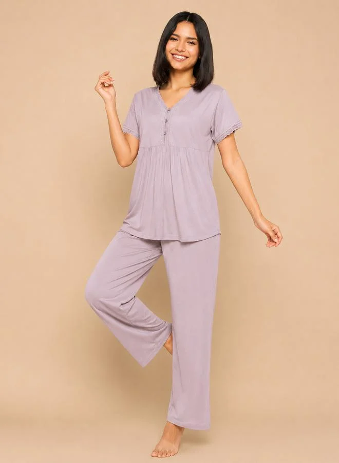 Clovia Purple Lace Details V-Neck Peplum Top and Pants Pyjama Set