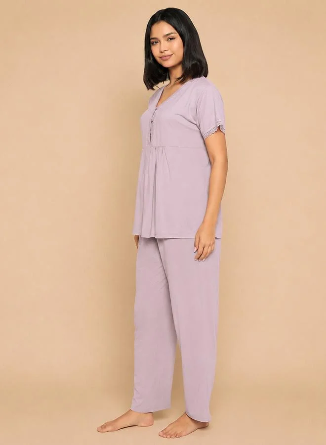 Clovia Purple Lace Details V-Neck Peplum Top and Pants Pyjama Set