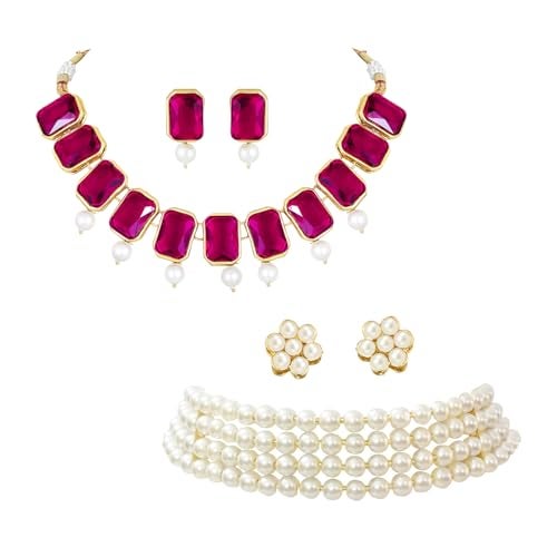 Peora Combo of Rani Pink Crystal & Pearl & Choker Necklace Sets Gift for Women - Image 1
