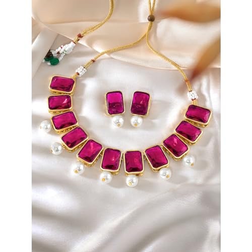 Peora Combo of Rani Pink Crystal & Pearl & Choker Necklace Sets Gift for Women - Image 3
