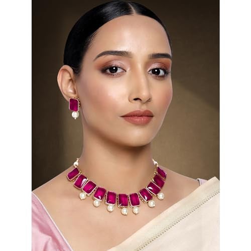 Peora Combo of Rani Pink Crystal & Pearl & Choker Necklace Sets Gift for Women - Image 2
