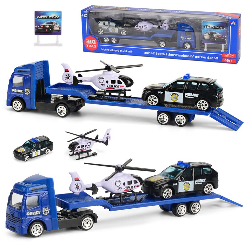 Inertia Slide Toy Trucks 1:64 Mini Alloy Construction Vehicles 4-Piece Set Kids Model 1:64 Police Trailer Set 