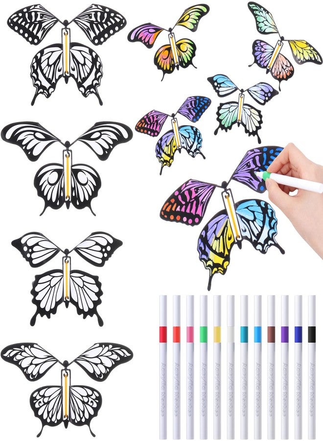 Seenelling 44 Pcs Flying Butterfly Craft Kit with 32 Wind up Butterflies and 12 Color Pens People Painting White Paper Butterflies DIY Toy for Party Game School Activity Birthday Gift (Style 1) - Image 1
