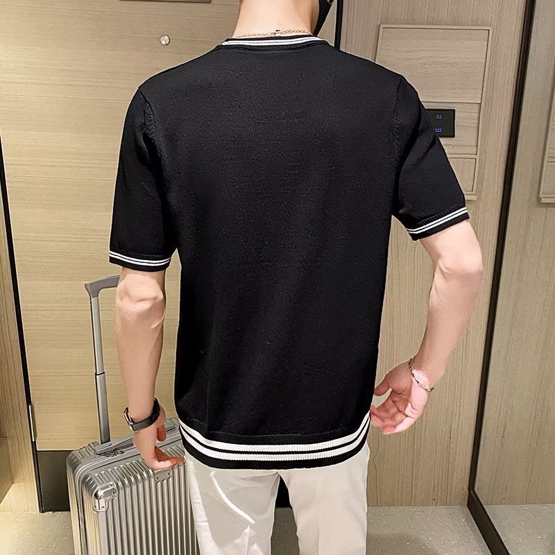 Men'S Round Neck Striped Sweater T-Shirt Summer Thin Breathable Half-Sleeve Slim-Fit Short-Sleeved Korean Style Trendy T-Shirt Top - Image 4