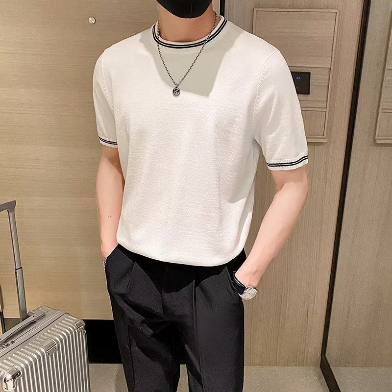 Men'S Round Neck Striped Sweater T-Shirt Summer Thin Breathable Half-Sleeve Slim-Fit Short-Sleeved Korean Style Trendy T-Shirt Top - Image 1