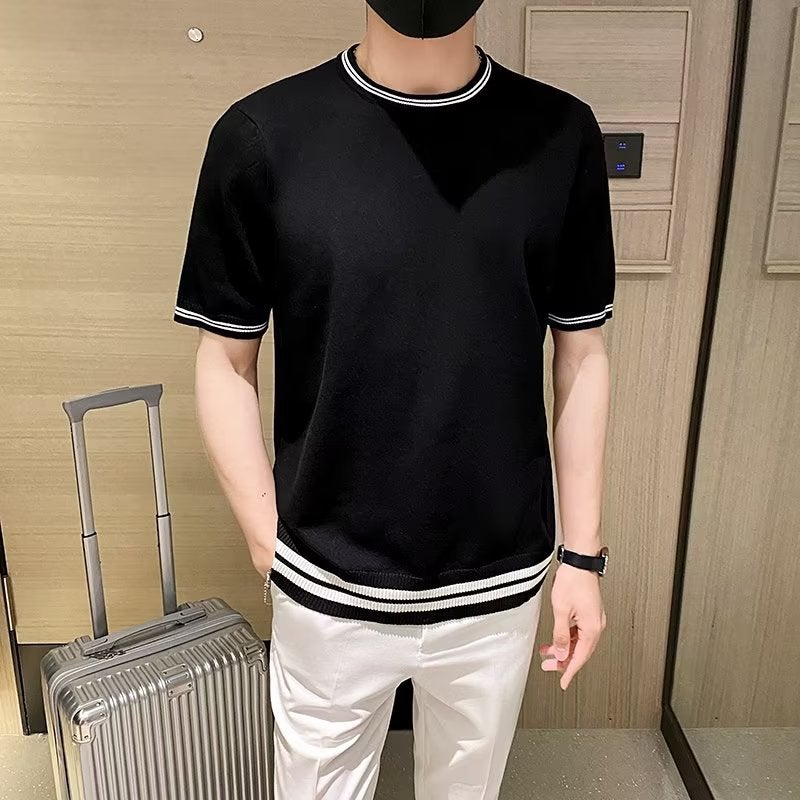Men'S Round Neck Striped Sweater T-Shirt Summer Thin Breathable Half-Sleeve Slim-Fit Short-Sleeved Korean Style Trendy T-Shirt Top - Image 2