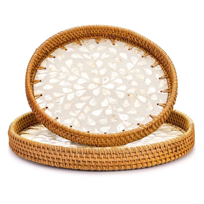 Frcctre 2 Pack Round Rattan Tray with Mother of Pearl Inlay Rattan Serving Tray with Wooden Base Decorative Wicker Basket for Bread Fruit Food Coffee Breakfast Storage and Display 2 Sizes - Image 2