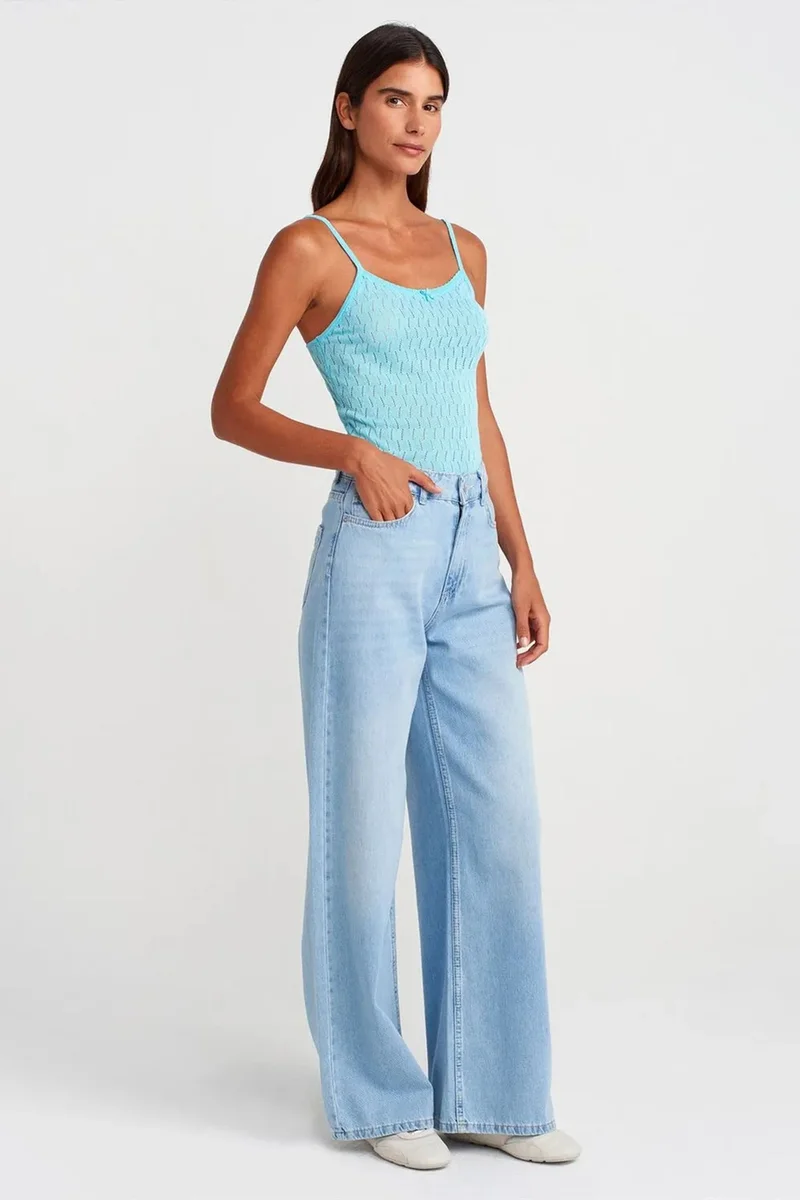 Dilvin Baby Blue DILVIN Textured Crop Cami Blouse With Bow Detail for Women | Best Price UAE