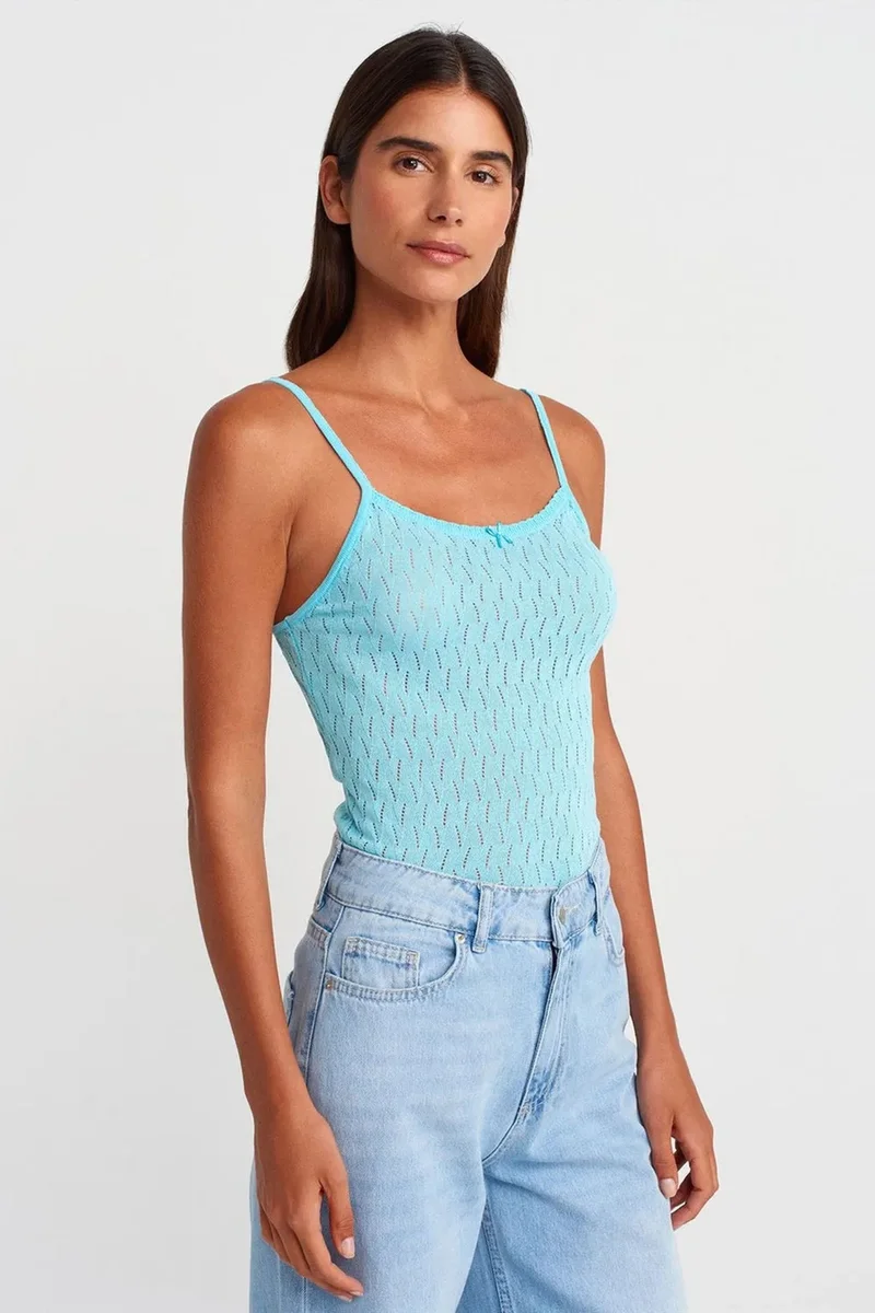 Dilvin Baby Blue DILVIN Textured Crop Cami Blouse With Bow Detail for Women | Best Price UAE