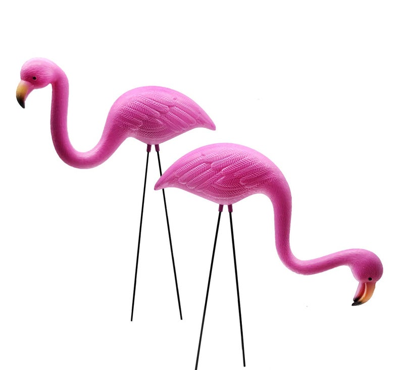 GiftExpress Pink Flamingos Yard Decorations - 2 Pack Small 14" Tall Plastic Flamingo Statue w/Metal Stakes - Lawn Ornaments & Garden Decor for Outdoor Parties - Image 1