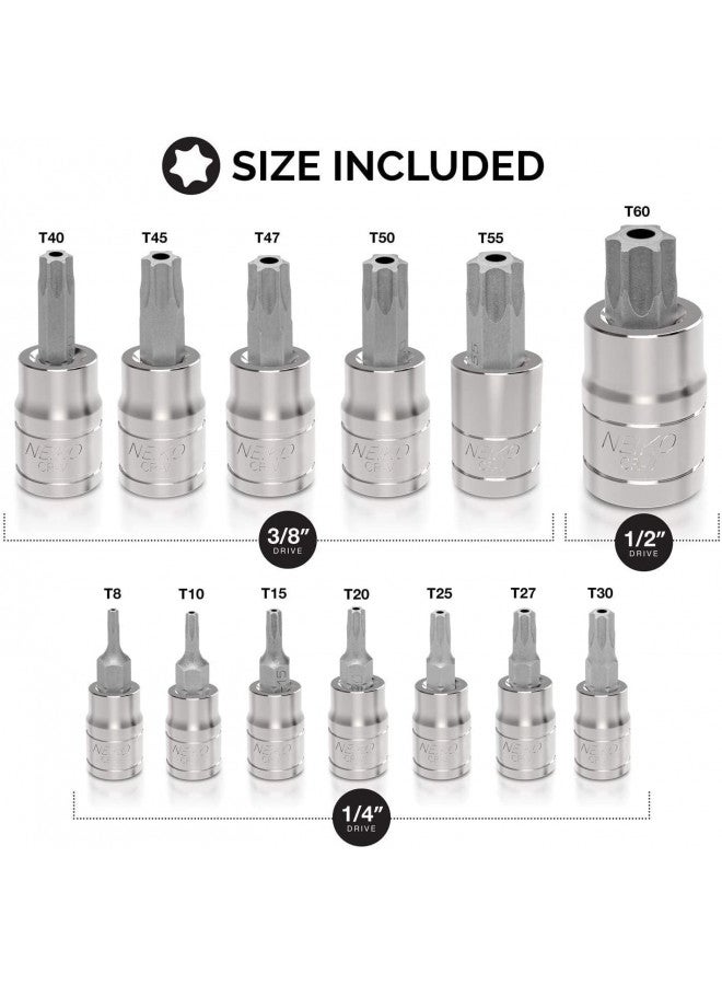 Neiko NEIKO 10073A Tamper Proof Torx Bit Socket Set |13-Piece | S2 Steel Bits & Cr-V Steel Sockets | TT8 TT60 