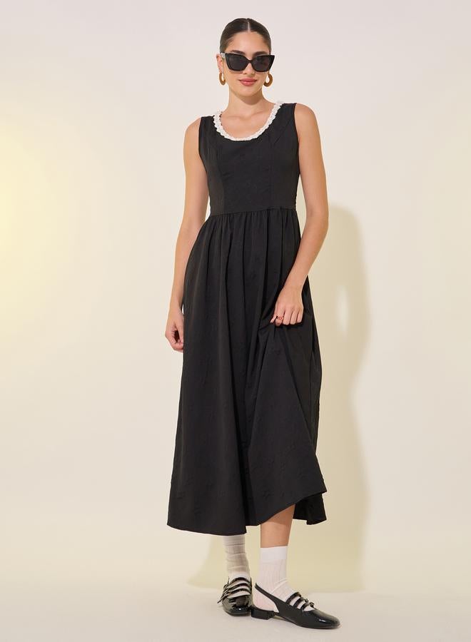 Take Two Solid Lace Trim Neckline Sleeveless Midi Dress - Image 1