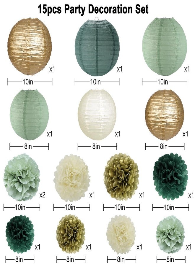 zilue Sage Green Party Decorations, Paper Lanterns and Pom Poms Flowers for Birthday Party Baby Shower Wedding Shower Decor Gold/Ivory/Sage Green 15pcs - Image 2