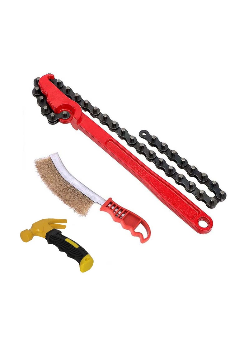 Digital Craft Digital Craft 3 Item Combo 9 Inch Chain Type Oil Filter Wrench Auto Tool Engine Box Spanner Oil Fuel Filter Wrench Removal Tools Remover With Chain Wrench Mini Hammer Hand Brush  - Image 1