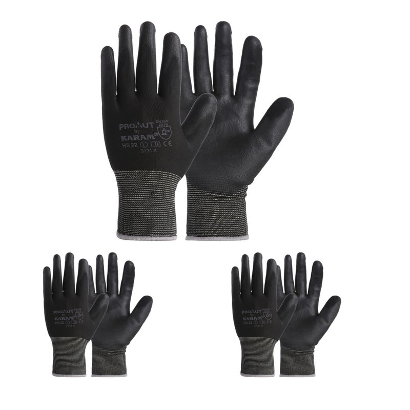 Karam HS22 Safety Gloves for Mechanical Risk | Safety Work Gloves with Black Liner with Black PU Coating | Multipurpose Use | Cut Resistant | Abrasion, Tear & Puncture Resistant | Size-L | PACK OF 3 - Image 5