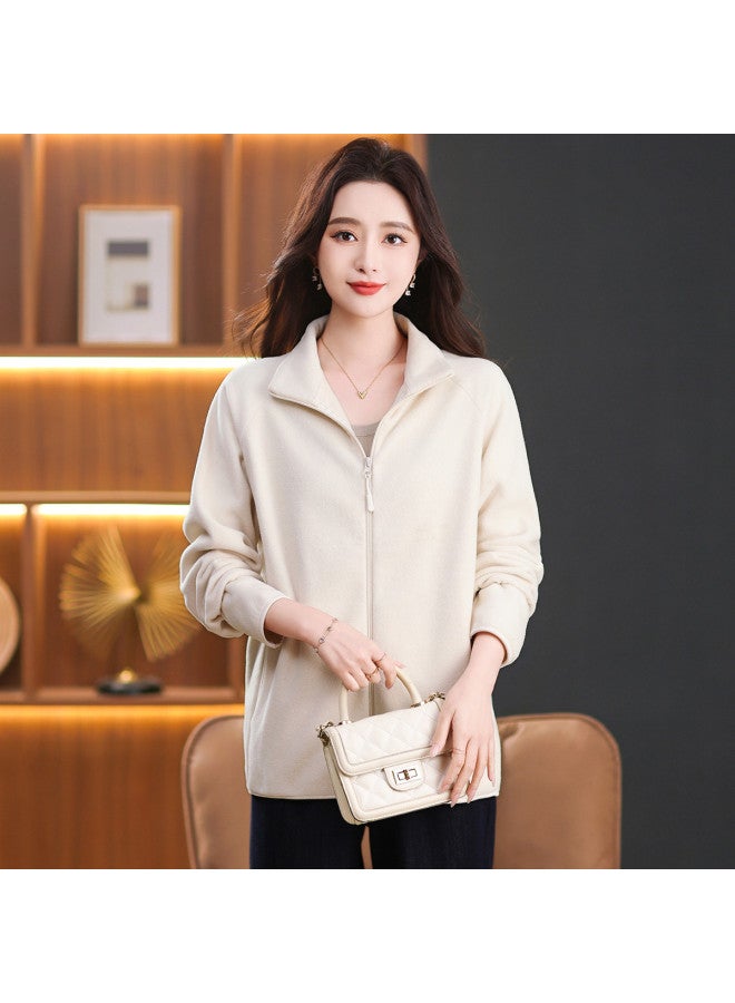Flying in the snow Autumn/winter Fleece Jacket Women's Fashion Stand Collar Solid Color Versatile Warm Zipper Cardigan Stylish Top - Image 3