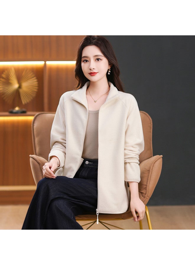 Flying in the snow Autumn/winter Fleece Jacket Women's Fashion Stand Collar Solid Color Versatile Warm Zipper Cardigan Stylish Top - Image 5