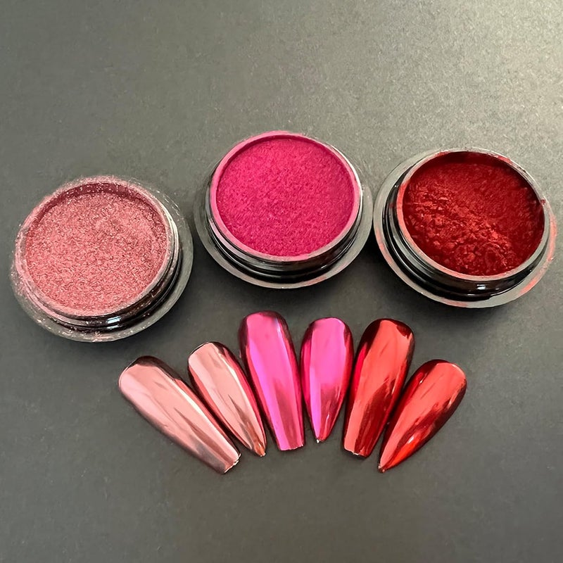 3 Jars Pink Chrome Nail Powder Kit Metallic Mirror Effect Nail Art Chrome Powder for Nails Gel Polish, Pink Rose Red Chrome Nail Powder Set