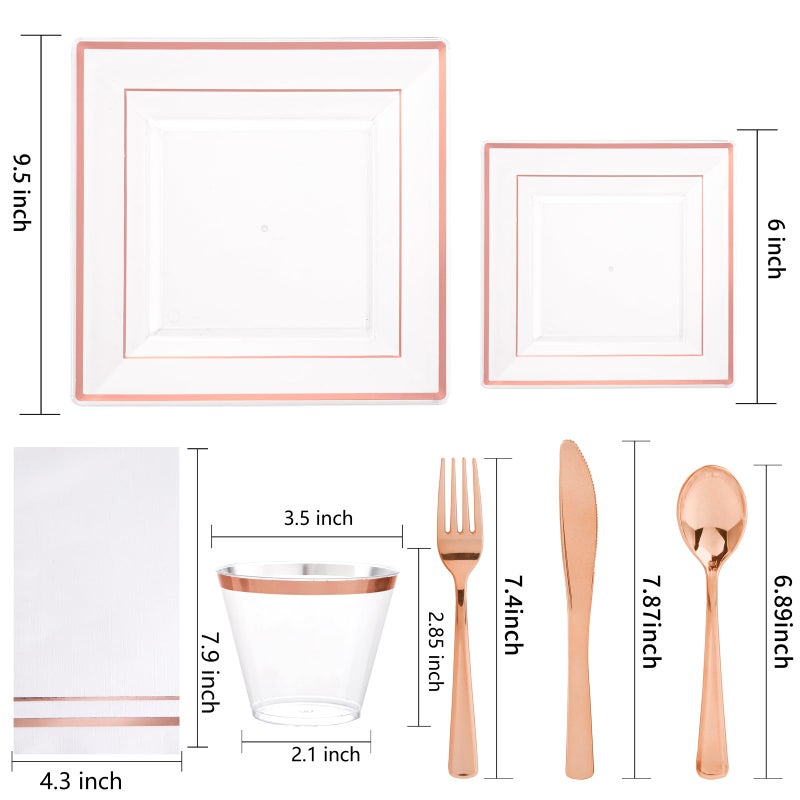 Festiva Festiva 350Pcs Rose Gold Plastic Plates - Clear Rose Gold Disposable Dinnerware Sets for 50Guests include 100 Plates 50 Cups 50Plastic Cutlery 50Napkins Perfect for Party&Wedding&Valentine's Day  - Image 2