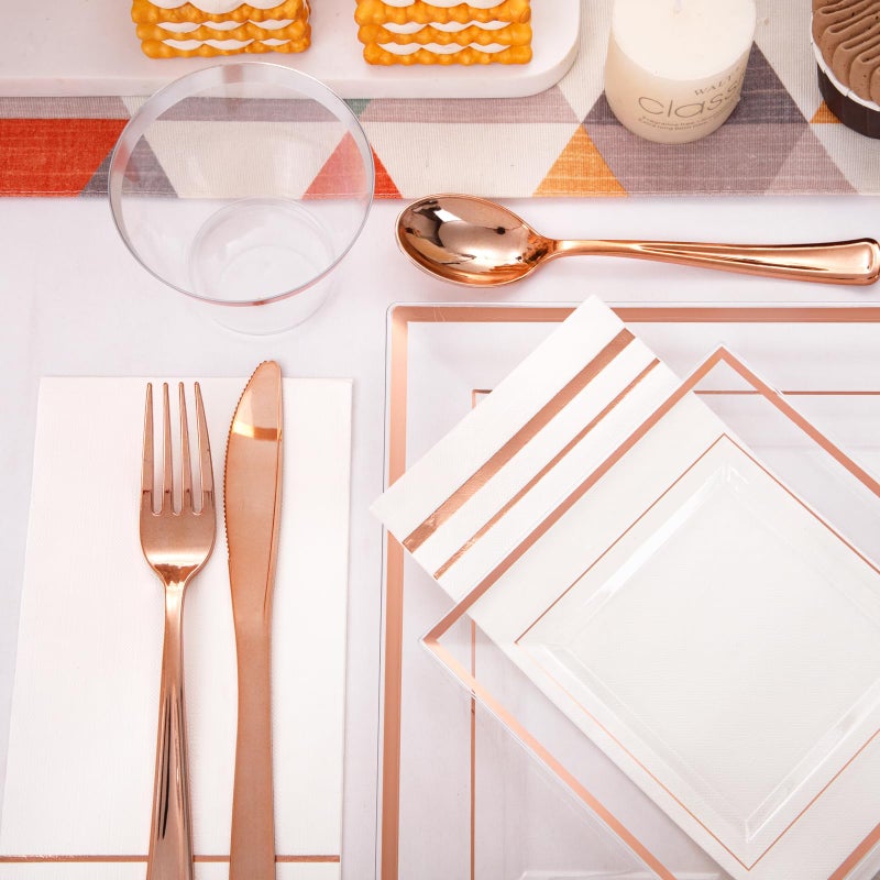 Festiva Festiva 350Pcs Rose Gold Plastic Plates - Clear Rose Gold Disposable Dinnerware Sets for 50Guests include 100 Plates 50 Cups 50Plastic Cutlery 50Napkins Perfect for Party&Wedding&Valentine's Day  - Image 5