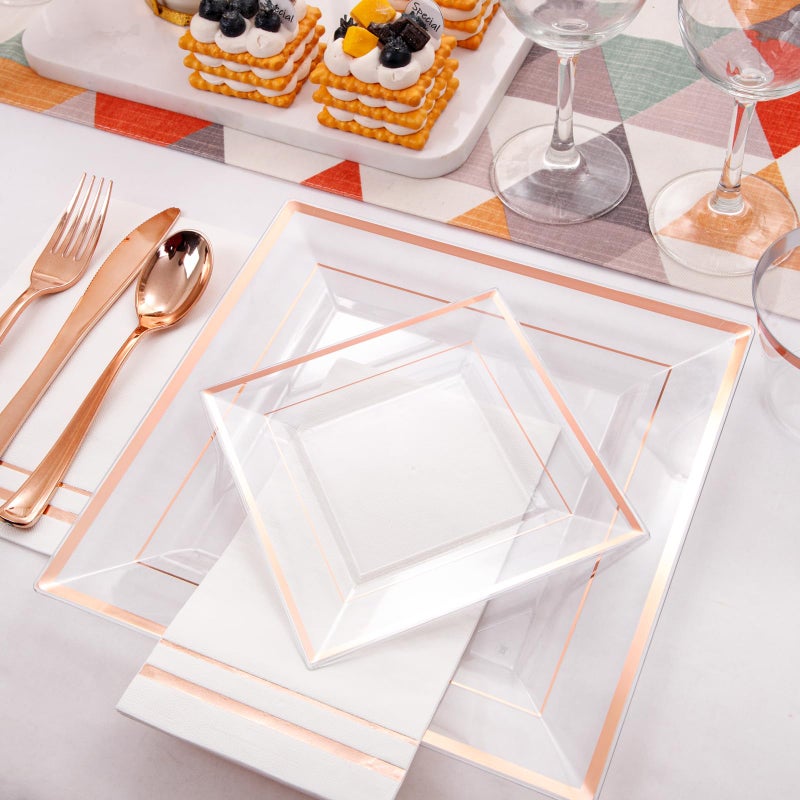 Festiva Festiva 350Pcs Rose Gold Plastic Plates - Clear Rose Gold Disposable Dinnerware Sets for 50Guests include 100 Plates 50 Cups 50Plastic Cutlery 50Napkins Perfect for Party&Wedding&Valentine's Day  - Image 4