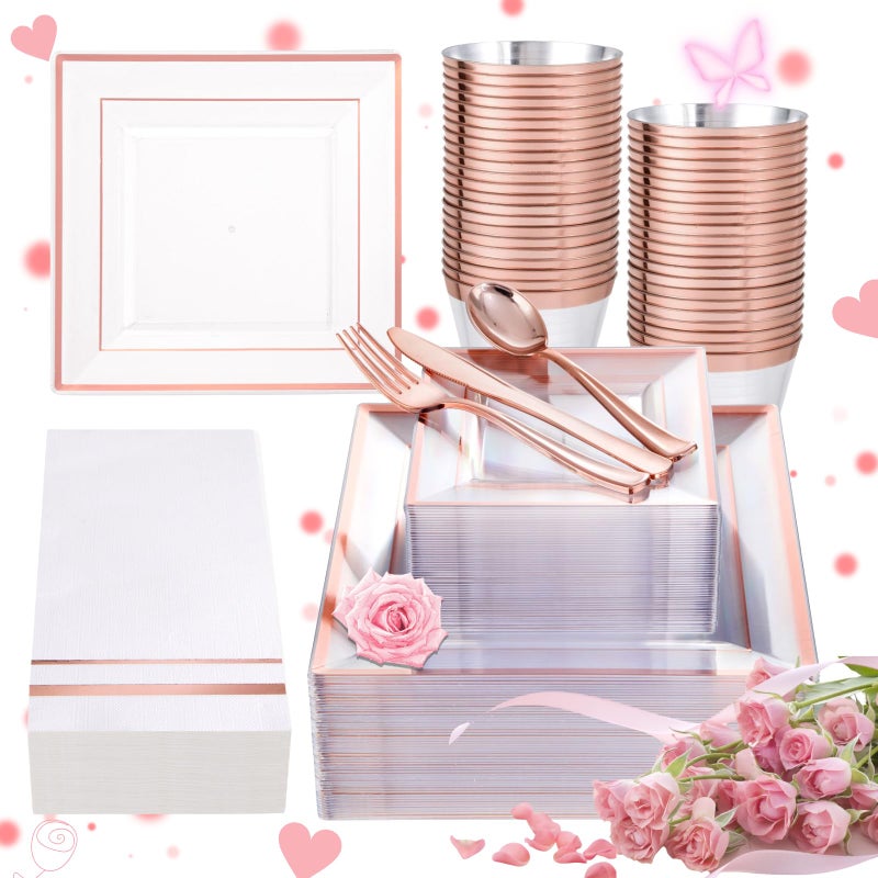 Festiva Festiva 350Pcs Rose Gold Plastic Plates - Clear Rose Gold Disposable Dinnerware Sets for 50Guests include 100 Plates 50 Cups 50Plastic Cutlery 50Napkins Perfect for Party&Wedding&Valentine's Day  - Image 1