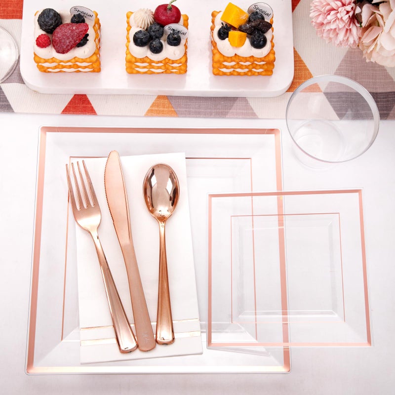 Festiva Festiva 350Pcs Rose Gold Plastic Plates - Clear Rose Gold Disposable Dinnerware Sets for 50Guests include 100 Plates 50 Cups 50Plastic Cutlery 50Napkins Perfect for Party&Wedding&Valentine's Day  - Image 3