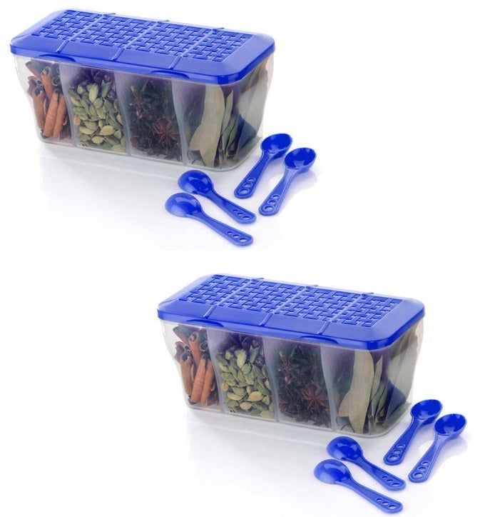 MULTIPURPOSE PLASTIC 4 IN 1 STORAGE BOX FOR KITCHEN SPICEDRY FRUITS BOXES FOR KITCHEN 4 COMPARTMENT AIRTIGHT BPA FREE DURABLE WITH 4 SPOONS 1100 ML BLUE PACK OF 2