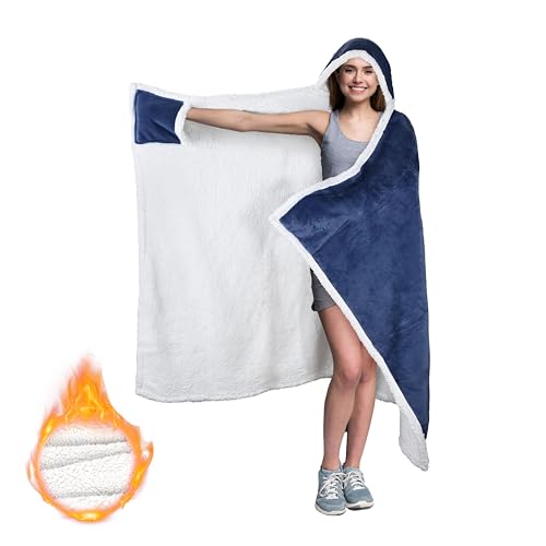 Catalonia Classic Wearable Hooded Blanket Warm Cozy Soft Poncho Blanket Wrap Fleece Cuddle Throw Cape with Hand Pocket Gifts for Women Father Mom