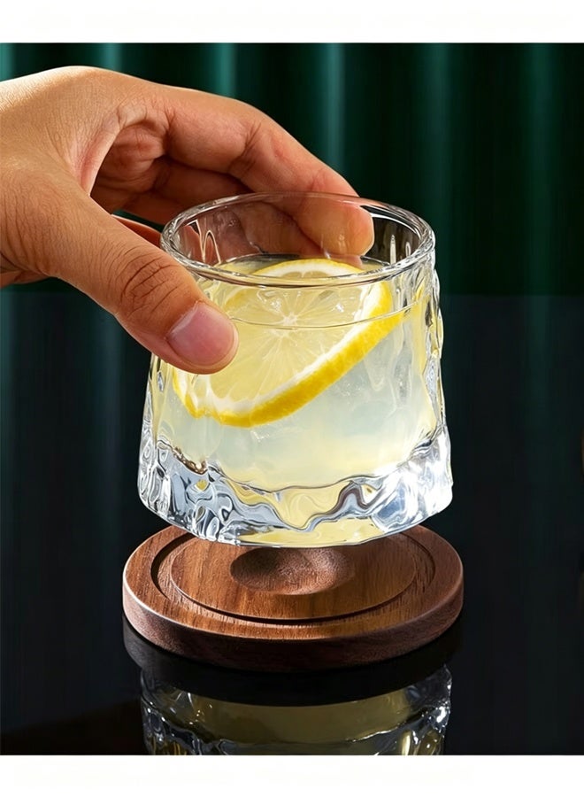 هومستر 2 Pcs Rotatable Tumbler Crystal Glass Cups, Drinking Glasses with Creative Walnut Coasters and Gift Box - for Coffee,Milk ,Water ， 5.64oz/160ml - Image 3