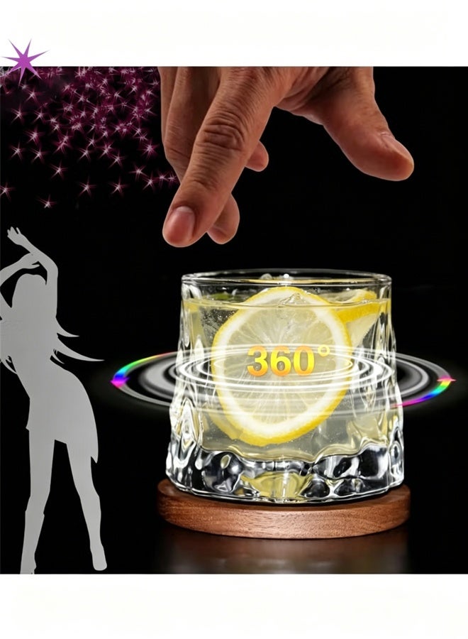 هومستر 2 Pcs Rotatable Tumbler Crystal Glass Cups, Drinking Glasses with Creative Walnut Coasters and Gift Box - for Coffee,Milk ,Water ， 5.64oz/160ml - Image 4