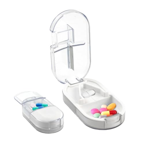 HANNEA® Pill Cutter, Portable Pill Splitter 2-in-1 Pill Case with Stainless Steel Blade, Cuts Pills Storage Box for Small or Large Vitamins Tablets, with Mini Pill Organizer Compartment, White - Image 1
