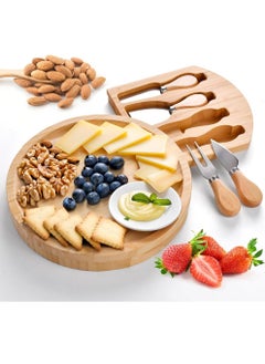 Generic Bamboo Cheese Board and Knife Set, 9.8inch Round Charcuterie Boards, Personalised Serving Platter with Slide-Out Drawers Design, Unique House Warming Gifts, New Home, Picnic，Holiday Gifts  - Image 1